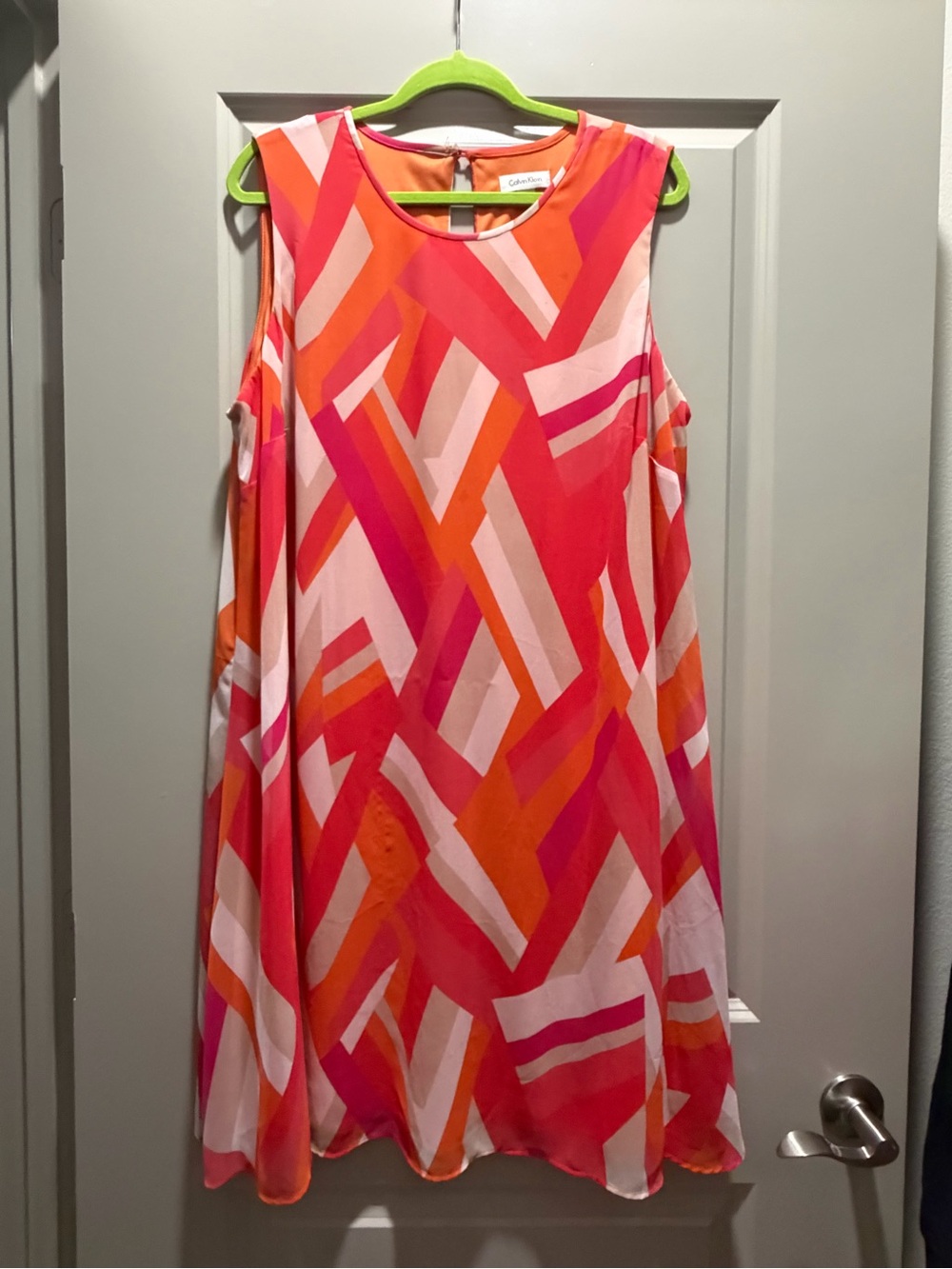 Calvin Klein Geometric Print Sleeveless Shift Dress Size 18W Pink Orange